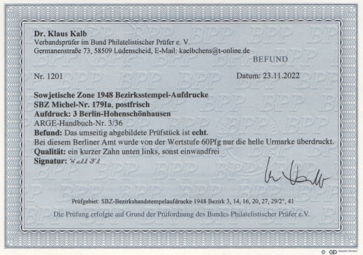 SBZ, Handstempel, 1948, Mi.- Nr.: 179 Ia, Die Helle 60er, Bez. 3, Berlin- Hohenschönhausen, **, akt. FB Dr. Kalb BPP! e+...! Kabinettstück!