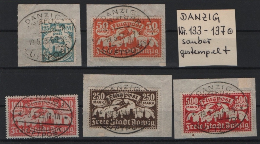 Danzig, 1923, Mi.- Nrn.: 133- 137, gestempelt, teils auf kl. Briefstücken! Selten!