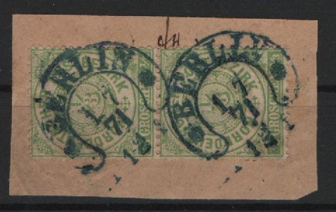 NDP, 1868,  Mi.- Nr.: 14 (2x) auf kl. Briefstück, gestempelt mit kl. Hufeisenstempel Berlin 1/7 71! Dekorativ + selten!