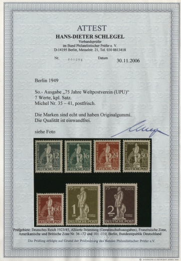 Berlin, 1949, Mi.- Nrn.: 35- 41, **, Der Stephan- Satz, kpl. Satz. mit Fotoattest Schlegel BPP! e+e! Luxussatz!