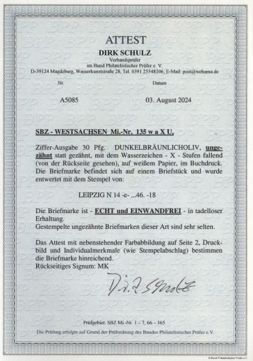 SBZ, West- Sachsen, 1945, Mi.- Nr.: 135 X wa U, auf kl. Briefstück, akt. Fotoattest Schulz BPP! Luxusstück! RR!