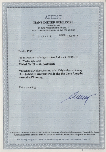 Berlin, 1949, Mi.- Nrn.: 21- 34, Der Rot- Aufdruck- Satz, **, kpl. Satz, mit Fotoattest Schlegel BPP: e+e! Luxussatz!