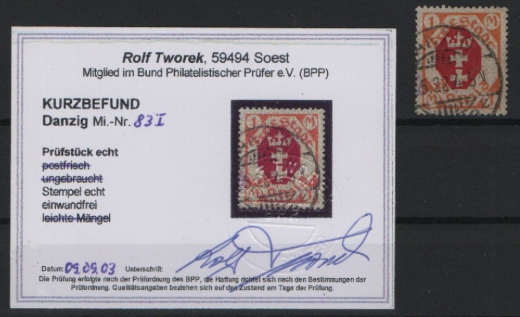 Danzig, 1921, Mi.- Nr.: 83 I, gestempelt, KB Tworek BPP: e+e! Qualitätsstück! Selten!