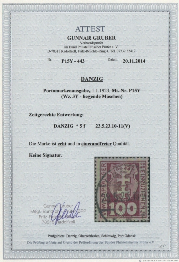Danzig, 1923, Mi.- Nr.: P 15 Y, gestempelt, Fotoattest Gruber BPP; e+e! Luxusstück! Sehr selten!