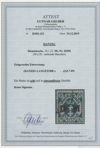 Danzig, 1923, Mi.- Nr.: D 30 X, gestempelt, Fotoattest Gruber BPP; e+e! Luxusstück! Sehr selten!