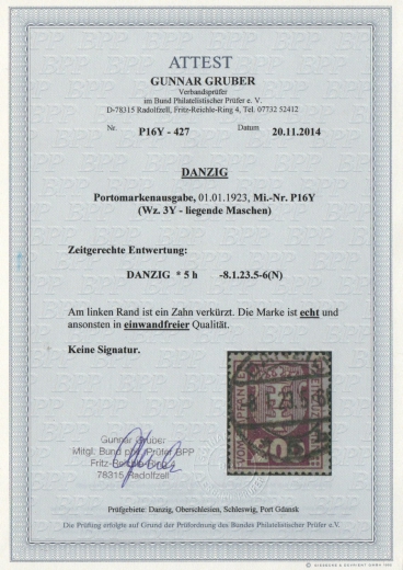 Danzig, 1923, Mi.- Nr.: P 16 Y, gestempelt, Fotoattest Gruber BPP; e+ ...,e! Gutes Bedarfsstück! Sehr selten!