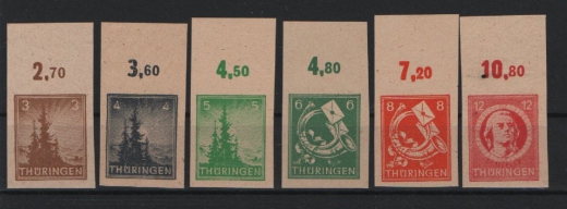 Thüringen, 1946, Mi.- Nr.: 92U- 97U, je ungezähnt mit OR! **! Luxussatz! So, sehr selten!