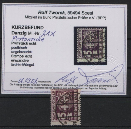 Danzig, 1923, Mi.- Nr.: P 21 X, gestempelt, KB Tworek BPP; e+e! Luxusstück! Sehr selten!