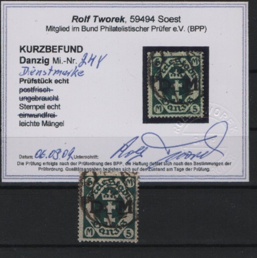 Danzig, 1922, Mi.- Nr.: D 24 Y, gestempelt, KB Tworek BPP; e+ ...! Kabinettstück! Sehr selten!
