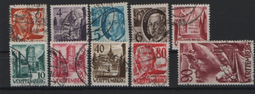 FRZ - Württemberg- Hohenzollern, 1948 / 49, Mi.- Nrn.: 28- 37, gestempelt, Kabinettsatz! Selten!