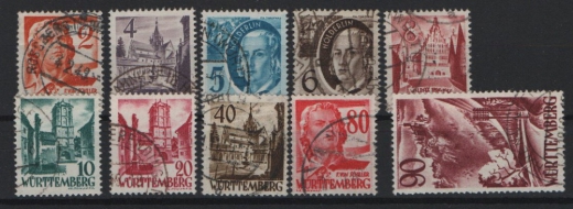FRZ - Württemberg- Hohenzollern, 1948 / 49, Mi.- Nrn.: 28- 37, gestempelt, Kabinettsatz! Selten!