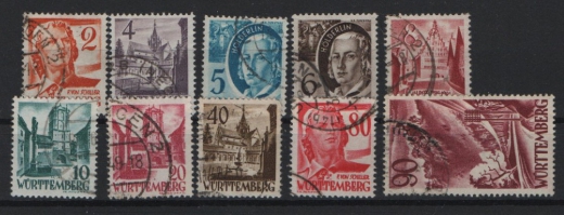 FRZ - Württemberg- Hohenzollern, 1948 / 49, Mi.- Nrn.: 28- 37, gestempelt, Kabinettsatz! Selten!