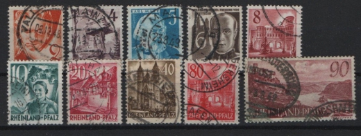 FRZ -, Rheinland- Pfalz, 1948 / 49, Mi.- Nrn.: 32- 41, gestempelt, Kabinettsatz! Selten!