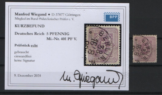DR, Pfennig, ca. 1880, Mi.- Nr.: 40 I PF V, gestempelt, K.- Befund Wiegand BPP: echt und einwandfrei! Selten!