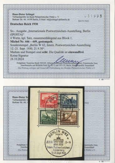 DR, Weimar, 1930, Mi.- Nr.: gr. Herstück Bl. 1, gestempelt, Befund Schlegel BPP;  e+e!  Selten!