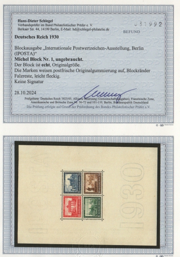DR, Weimar, 1930, Mi.- Nr.: Bl. 1, ungebraucht, aktueller Befund Schlegel BPP; e+ ...! Kabinettstück! Selten!