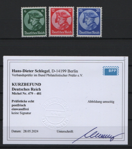 III. Reich, 1933, Mi.- Nrn.: 479- 481, **,  kpl. Satz, mit aktuellem K.- Befund Schlegel BPP; echt und einwandfrei! Luxussatz!
