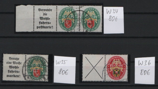 DR / Weimar, 1928 / 29, kl. Lot Zusammendrucke, mit Mi.- Nrn.: W 34- W 36 , gestempelt! Qualitätsstücke! Selten!