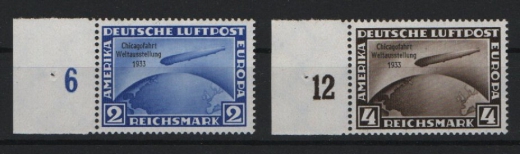 III. Reich, 1933, Mi.- Nr.: 497- 98, mit Sr., 2 + 4 Mk. Chikagofahrt, **, je tiefstgeprüft Schlegel BPP! Luxusstücke! Sehr selten!
