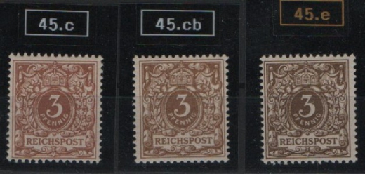 DR, Krone / Adler, 1898- 1900, Mi.- Nrn.: 45 c, cb + e, (3 Marken) **, je tiefstgeprüft G. Zenker /Wiegand BPP! Luxus! Selten!