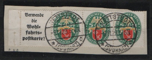 DR / Weimar, 1929, Zusammendrucke, Mi.- Nr.: W 34 + Anhang, Auf kl. Briefstück, gestempelt! Selten!