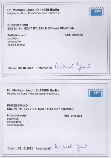 SBZ, West- Sachsen, 1946, Mi.- Nrn.: S Zd 7BX + Y, 8 BY b, + 8 BX d, **! Mit 2 akt. K.- Befunden Dr. Jasch BPP:e+e! Selten!