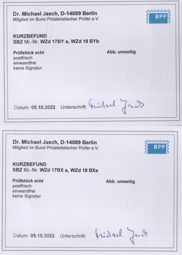 SBZ, West- Sachsen, 1946, Mi.- Nrn.: WZd 17 B Ya + BX a, 18 BXa + BYb , **! Mit 2 akt. K.- Befunden Dr. Jasch BPP:e+e! Selten!