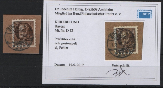 Bayern, 1914/ 15, Mi.- Nr.: D 12, auf kl. Briefstück, KB Helbig BPP: echt + ...! Gutes Bedarfsstück! Selten!