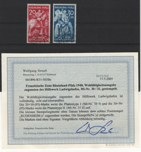 FRZ, Rheinland- Pfalz, 1949, Mi.- Nrn.: 30 I + 31 II, gestempelt, Befund Straub BPP!