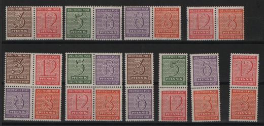 SBZ, West- Sachsen, 1945 / 46, Zusammendrucke, Mi.- Nrn.: Hz. 10 + 11, W Zd 13- 16 + S Zd 3- 6, je **! (Hz. BPP geprüft!) Qualitätssatz! Selten!