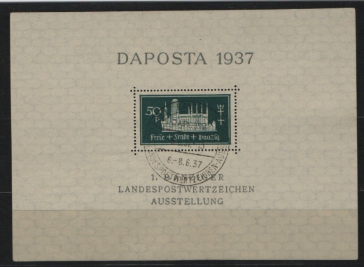 Danzig, 1937, Mi.- Nr.: Bl. 1 mit Pf. I, mit Ersttags- Sonderstempel, geprüft Bock BPP! Qualitätsstück!