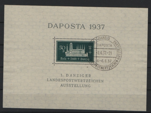 Danzig, 1937, Mi.- Nr.: Bl. 1b mit Pf. I, mit Sonderstempel, tiefgeprüft Bock BPP! Qualitätsstück!