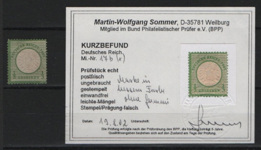 Dt. Kaiserreich, Brustschilder, 1872, Mi.- Nr.: 17 b, (*)! Kurzbefund Sommer BPP! Selten!