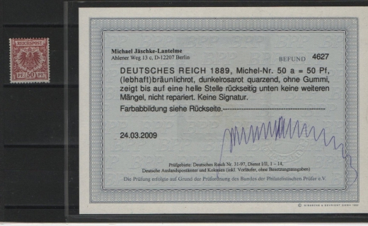 DR, Krone Adler, 1889, Mi.- Nr.: 50 a, (*), Befund Jäschke- L. BPP! Kabinettstück!