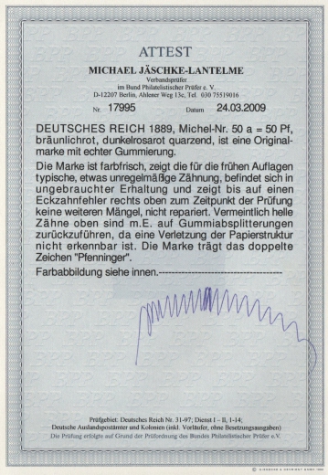 DR, Krone Adler, 1889, Mi.- Nr.: 50 a, *, Fotoattest Jäschke- L. BPP! Kabinettstück!