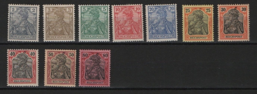 DR, Germania- Reichspost, 1900,  Mi.- Nrn.: 53- 62, **, meist tief(st)geprüft Jäschke / Jäschke- L. BPP!
