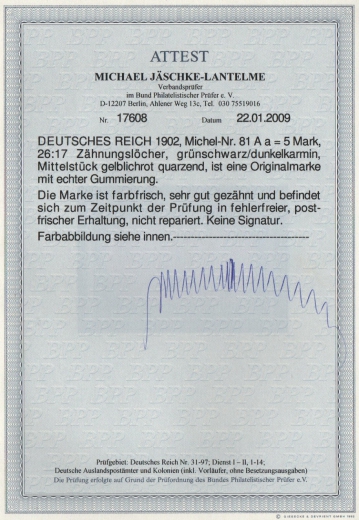 DR, Germania, ohne Wz., 1904, Mi.- Nr.: 81 Aa, **/ postfrisch, Fotoattest Jäschke- L. BPP : e+e, Luxusstück!