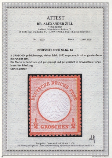 Dt. Kaiserreich, Brustschilder, 1872, Mi.- Nr.: 14, * (Tendenz zu **!)! Akt. FA Dr. Zill BPP: e+e! Qualitätsstück! Sehr selten!