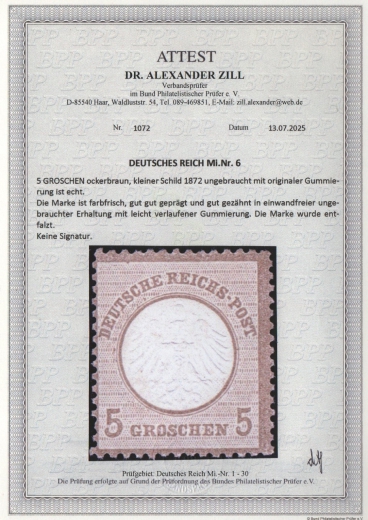 Dt. Kaiserreich, Brustschilder, 1872, Mi.- Nr.: 5, *! Akt. FA Dr. Zill BPP: e+ ....e! Qualitätsstück! Sehr selten!