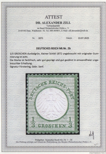 Dt. Kaiserreich, Brustschilder, 1872, Mi.- Nr.: 2 b, * ! Akt. FA Dr. Zill BPP: e+e! Qualitätsstück! Sehr selten!