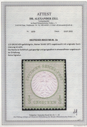 Dt. Kaiserreich, Brustschilder, 1872, Mi.- Nr.: 2 a, * ! Akt. FA Dr. Zill BPP: e+e! Qualitätsstück! Sehr selten!