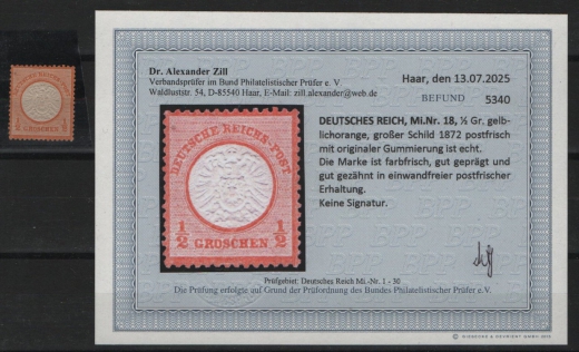 Dt. Kaiserreich, Brustschilder, 1872, Mi.- Nr.: 18, ** / postfrisch! Akt. Befund Dr. Zill BPP: e+e! Luxusstück! Sehr selten!