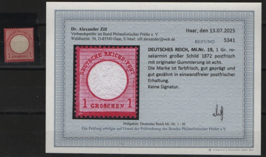 Dt. Kaiserreich, Brustschilder, 1872, Mi.- Nr.: 19, ** / postfrisch! Akt. Befund Dr. Zill BPP: e+e! Luxusstück! Sehr selten!
