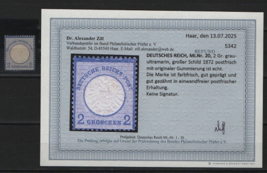 Dt. Kaiserreich, Brustschilder, 1872, Mi.- Nr.: 20, ** / postfrisch! Akt. Befund Dr. Zill BPP: e+e! Luxusstück! Sehr selten!