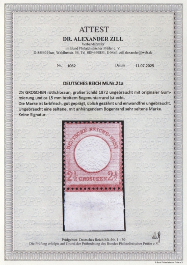 Dt. Kaiserreich, Brustschilder, 1872, Mi.- Nr.: 21 a, * mit Ur.! Akt. Fotoattest Dr. Zill BPP: e+e! Luxusstück! Sehr selten!