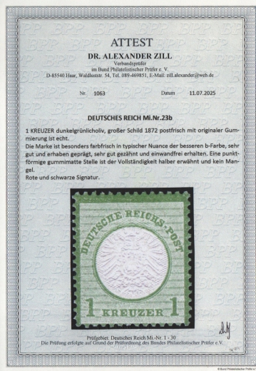 Dt. Kaiserreich, Brustschilder, 1872, Mi.- Nr.: 23 b, **! Akt. Fotoattest Dr. Zill BPP: e+...e! Qualitätsstück! Sehr selten!
