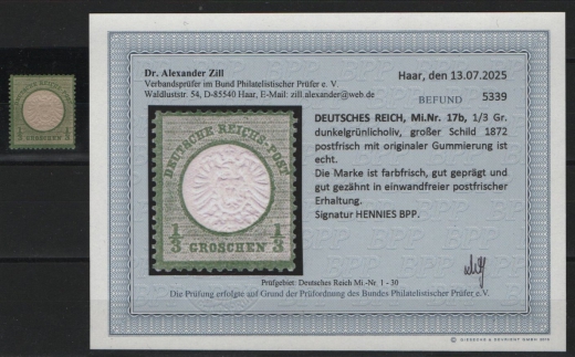 Dt. Kaiserreich, Brustschilder, 1872, Mi.- Nr.: 17 b, **! Akt. Befund Dr. Zill BPP: e+e! Luxusstück! Sehr selten!