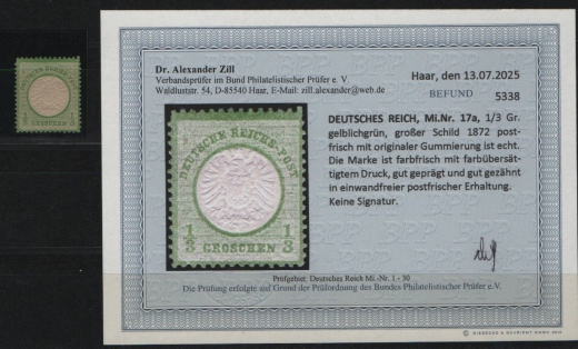 Dt. Kaiserreich, Brustschilder, 1872, Mi.- Nr.: 17 a, **! Akt. Befund Dr. Zill BPP: e+e! Luxusstück! Selten!
