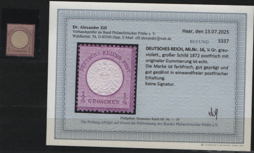 Dt. Kaiserreich, Brustschilder, 1872, Mi.- Nr.: 16, **! Akt. Befund Dr. Zill BPP: e+e! Luxusstück! Selten!