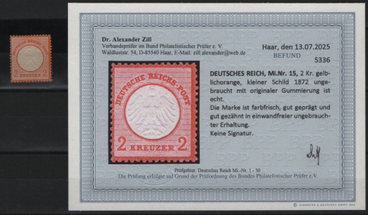 Dt. Kaiserreich, Brustschilder, 1872, Mi.- Nr.: 15, *! Akt. Befund Dr. Zill BPP: e+e! Luxusstück! Selten!